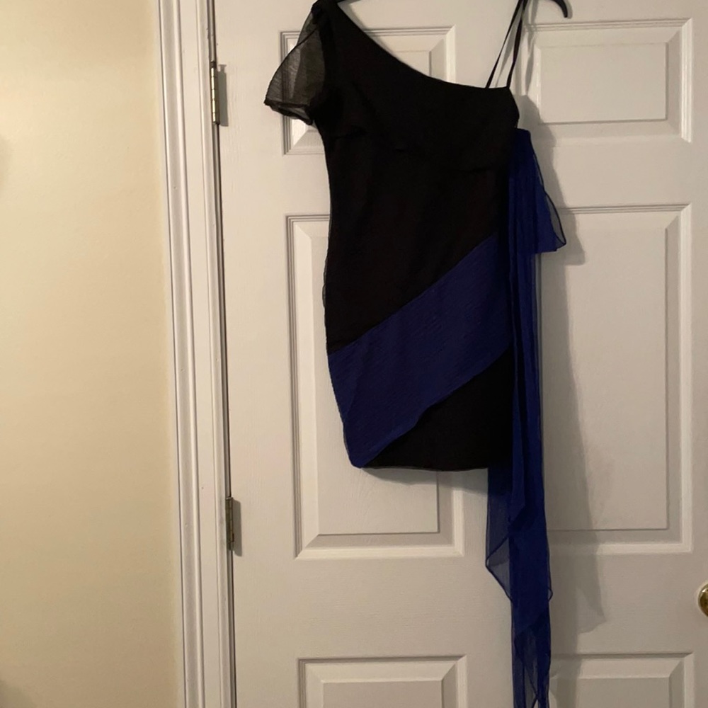 Black and dark royal blue dress with removable side piece.
